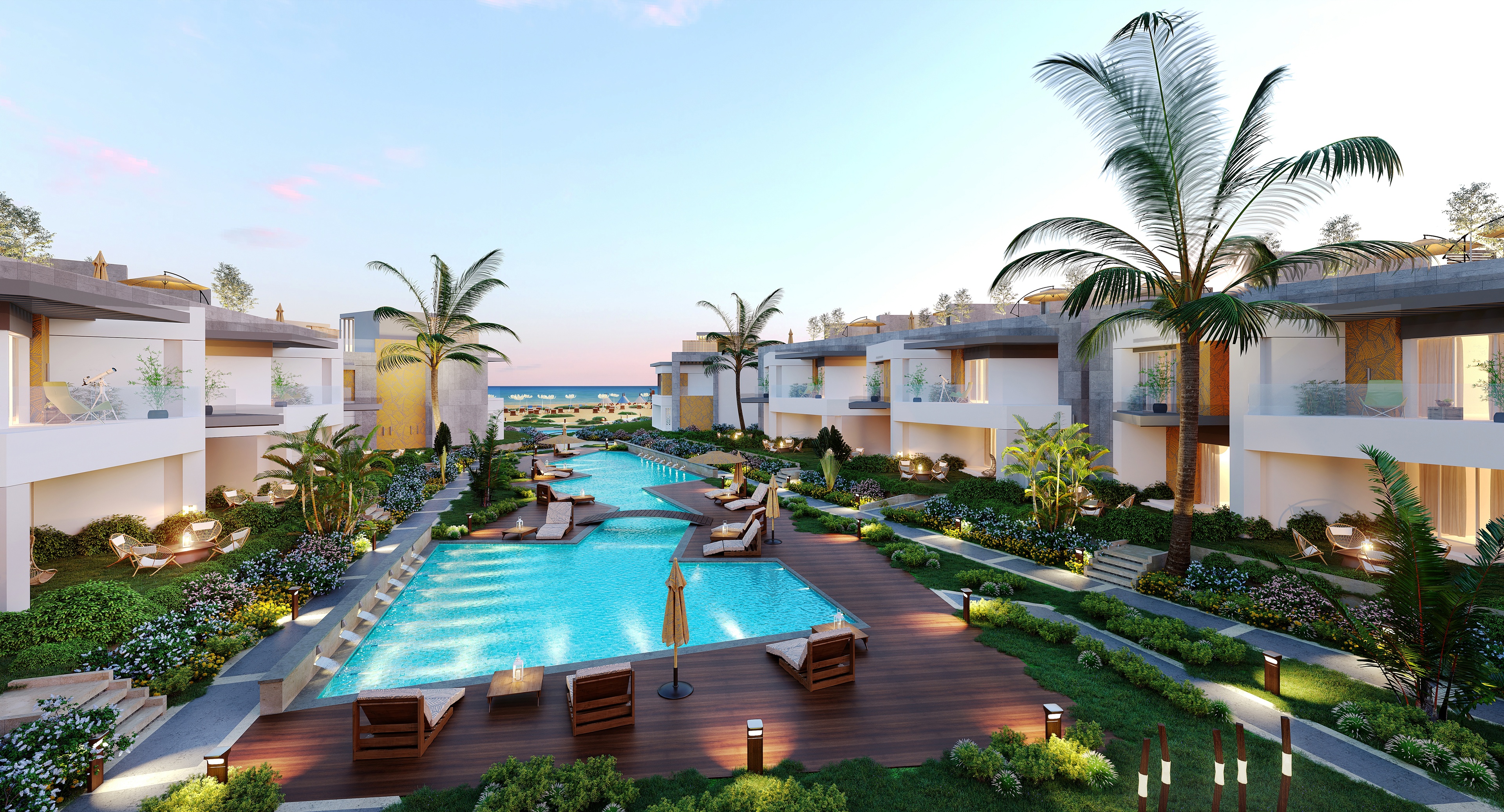 A bright daytime view of BOHO Sokhna villas and landscaped pools