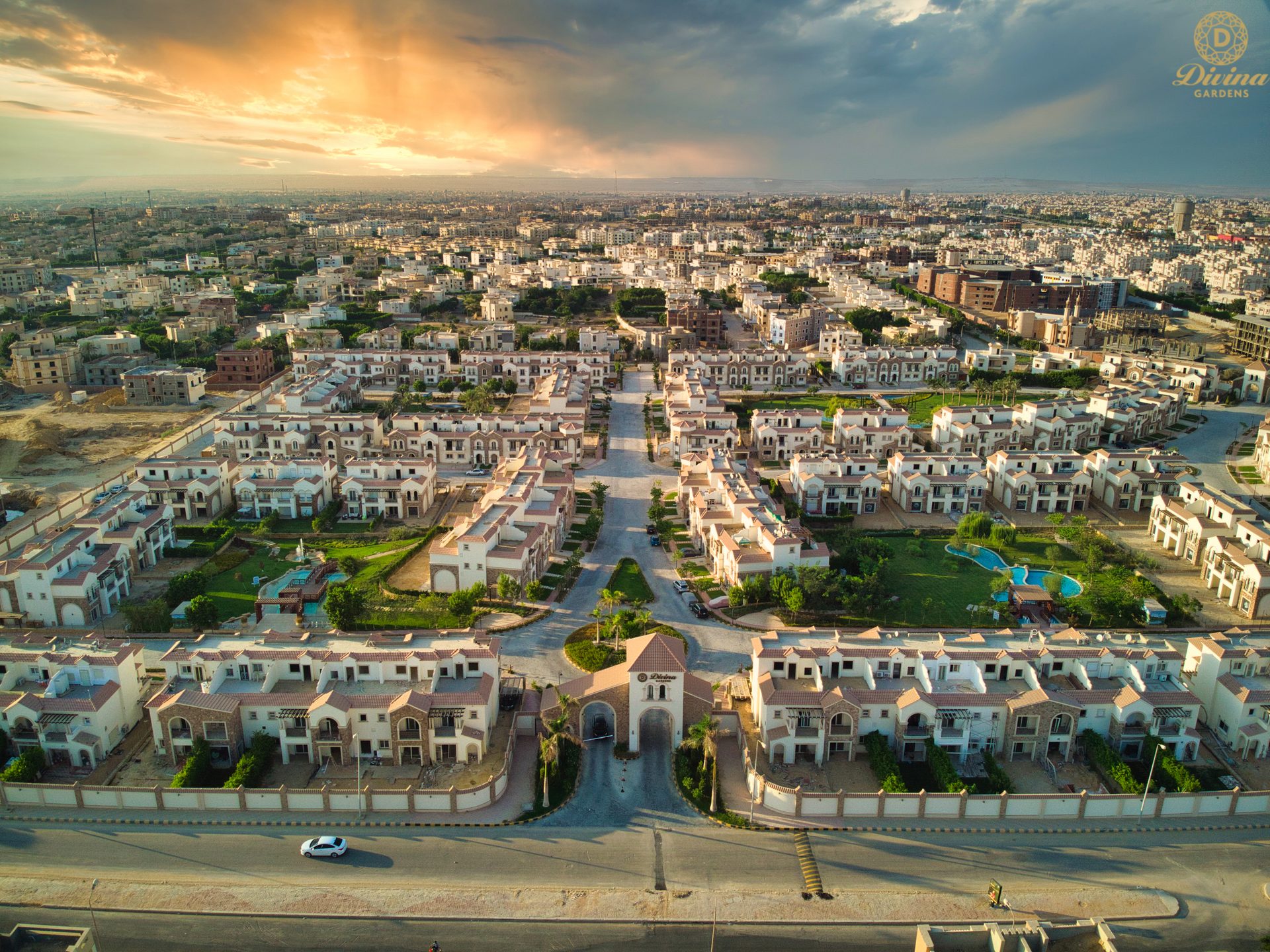 Divina Gardens at sunset from above