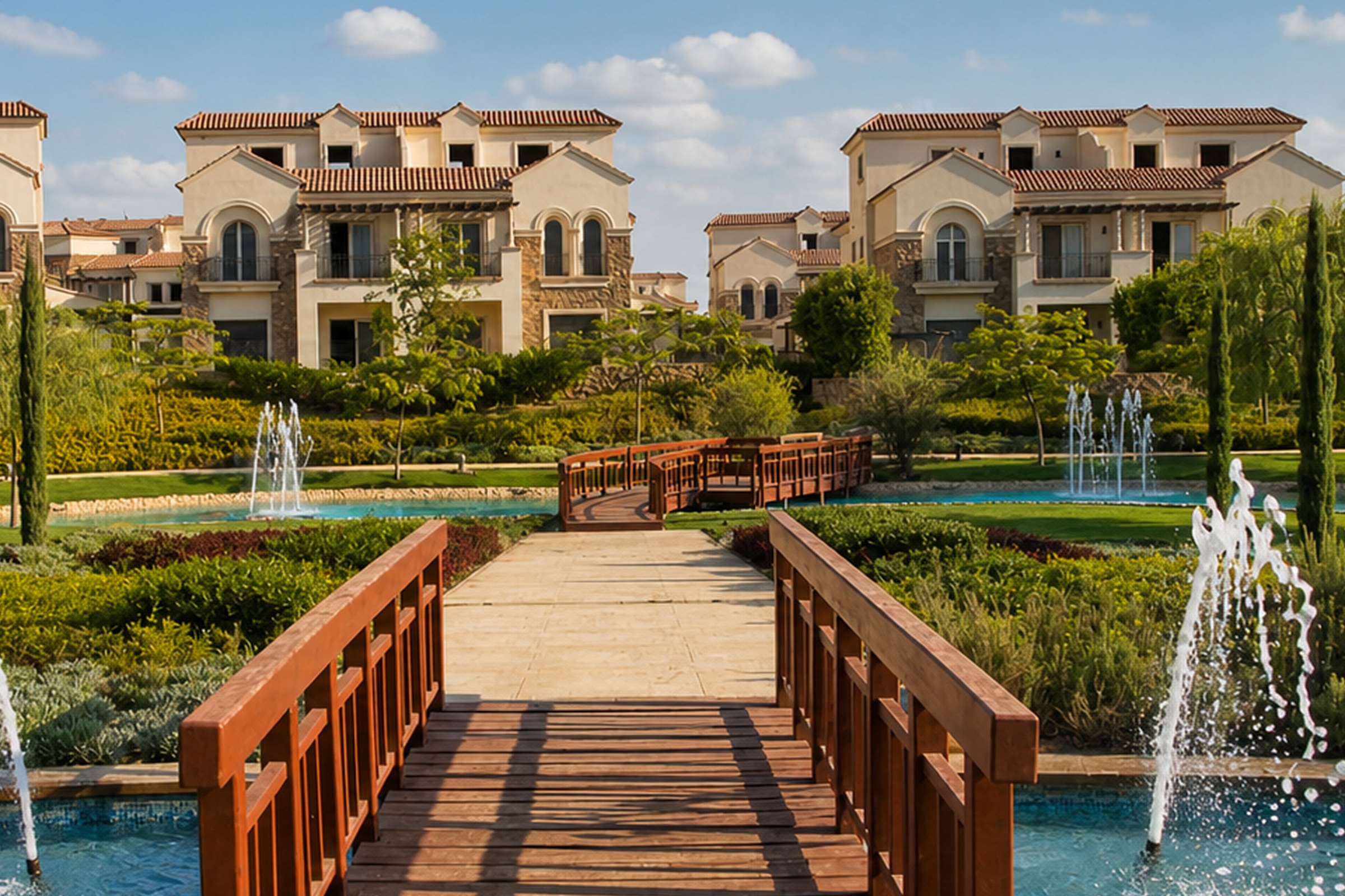 Front-facing Divina Gardens villas framed by landscaped gardens and fountains