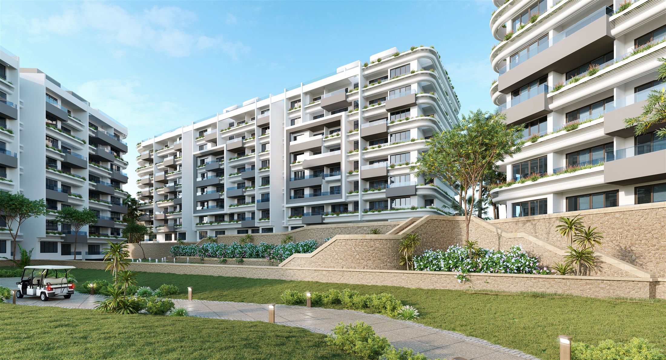 Boardwalk residences overlooking landscaped gardens